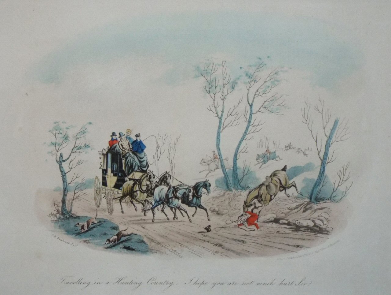 Aquatint - Travelling in a Hunting Country. I hope you are not much hurt sir?